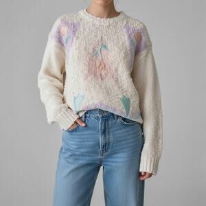 Vintage 80s Coquette Embroidered Sweater Pastel Cottagecore Grandmacore Knit M